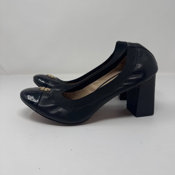 Tory Burch Elsa Black Leather Cap Toe Heels US 9 - Picture 2 of 14